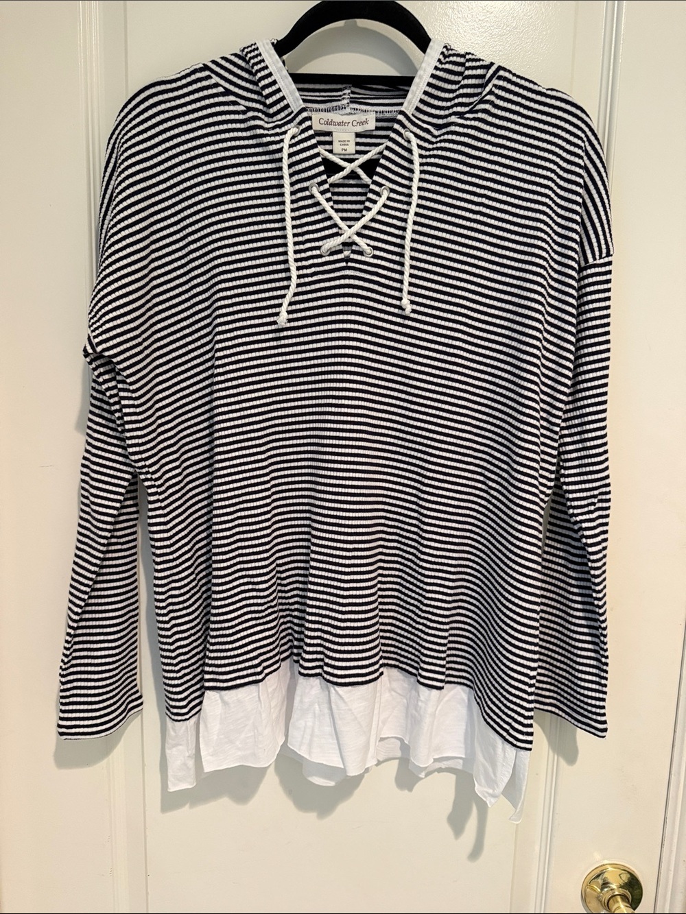 Coldwater Creek Black & White Striped Hooded Lace-Up Top with White Trim Hem